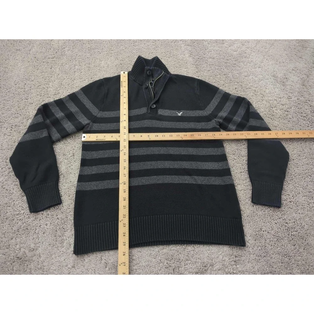 American Eagle Sweater Mens M Black Striped Pullover 1/4 Zip Knit‎ Athletic Fit